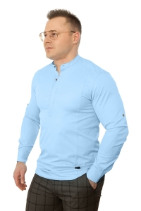 Błękitna koszula męska slim fit ze stójką z zakrytymi guzikami Stylovy 105