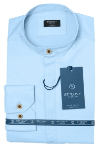 Błękitna koszula męska slim fit ze stójką z zakrytymi guzikami Stylovy 105