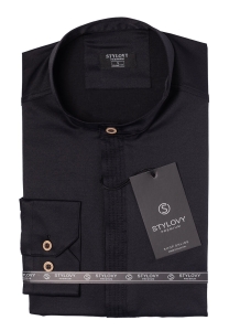 Koszula czarna męska slim fit ze stójką z zakrytymi guzikami Stylovy 105