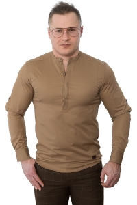 Beżowa koszula męska slim fit ze stójką z zakrytymi guzikami Stylovy 105