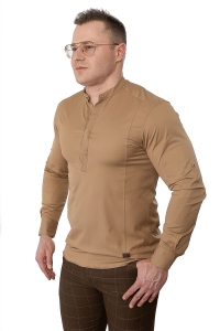 Beżowa koszula męska slim fit ze stójką z zakrytymi guzikami Stylovy 105