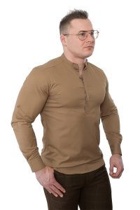 Beżowa koszula męska slim fit ze stójką z zakrytymi guzikami Stylovy 105
