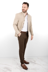 Beżowa marynarka męska ze stójką casual slim fit Stylovy 2182