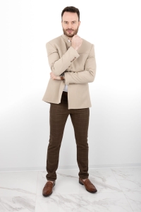Beżowa marynarka męska ze stójką casual slim fit Stylovy 2182
