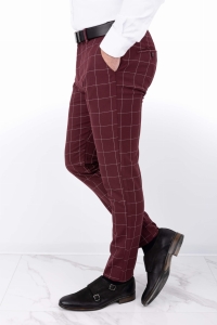 Bordowe spodnie męskie w kratę slim fit 3018 150