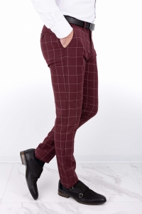 Bordowe spodnie męskie w kratę slim fit 3018 150