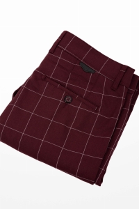 Bordowe spodnie męskie w kratę slim fit 3018 150