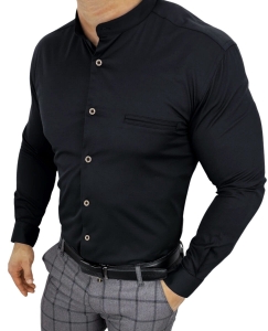 Czarna koszula męska ze stójką slim fit kieszonka Rs-684S