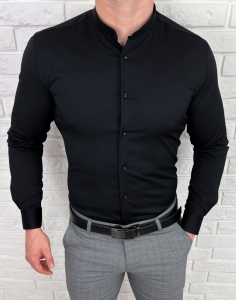 Czarna koszula męska ze stójką slim fit Rs-1180