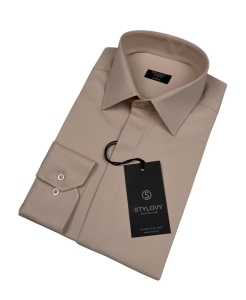 Beżowa koszula męska slim fit z kołnierzem i krytą plisą RS-1070