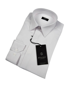 Biała koszula z krytą plisą slim fit z kołnierzem męska RS-1070