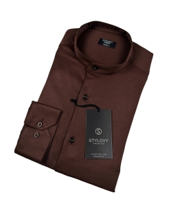 Brązowa koszula męska slim fit czekoladowa ze stójką Rs-1130
