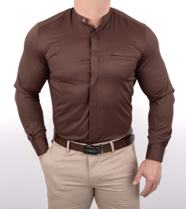 Brązowa koszula męska slim fit czekoladowa ze stójką z zakrytymi guzikami 1961