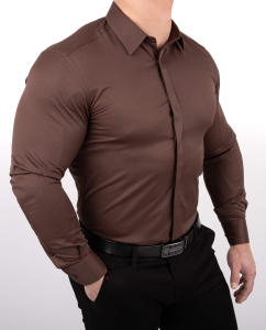 Brązowa koszula męska z kołnierzem czekoladowa slim fit z kryta plisą RS-1070