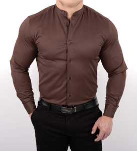 Brązowa koszula męska slim fit czekoladowa ze stójką Rs-1130