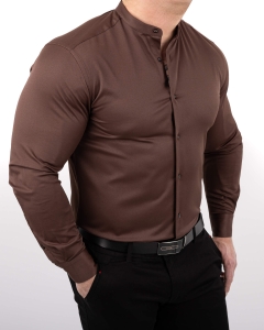Brązowa koszula męska slim fit czekoladowa ze stójką Rs-1130