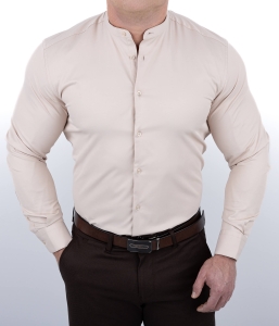 Beżowa koszula męska slim fit ze stójką RS-1180