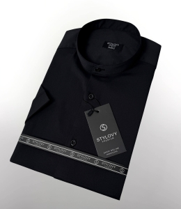 Koszula krótki rękaw czarna męska ze stójką slim fit Stylovy Premium 2000K-20
