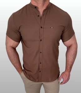 Koszula męska z krótkim rękawem brązowa slim fit oxford czekoladowa logo 2044