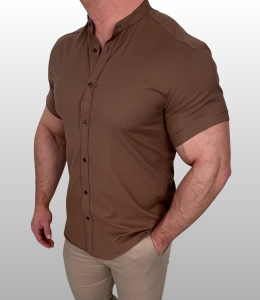 Koszula męska z krótkim rękawem brązowa slim fit oxford czekoladowa 2055