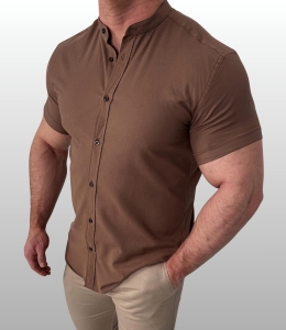 Koszula męska z krótkim rękawem brązowa slim fit oxford czekoladowa 2055
