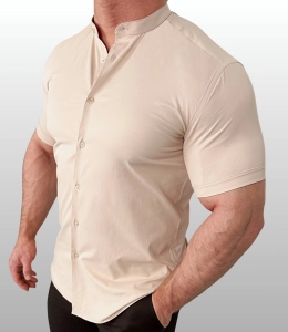 Koszula męska krótki rękaw ze stójką beżowa slim fit Stylovy Premium 2000K-450