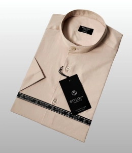 Koszula męska krótki rękaw ze stójką beżowa slim fit Stylovy Premium 2000K-450