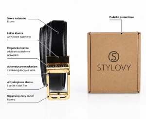 Pasek skórzany męski czarny automatyczny z klasyczną złotą klamrą - Modus Belt