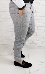 Szare eleganckie męskie spodnie slim fit w kratę 1475