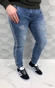 Jasne męskie spodnie joggery z dziurami i lampasem wa918055