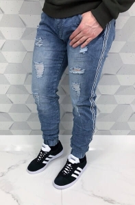 Jasne męskie spodnie joggery z dziurami i lampasem wa918055