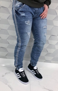 Jasne męskie spodnie joggery z dziurami i lampasem wa918055