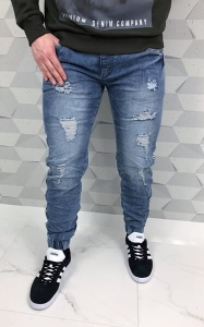 Jasne męskie spodnie joggery z dziurami i lampasem wa918055