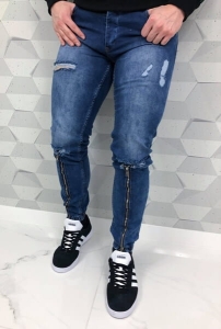 Niebieskie spodnie jeansowe joggery z zamkami i przetarciami 2056denim