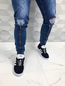 Niebieskie spodnie jeansowe joggery z zamkami i przetarciami 2056denim