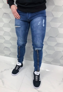 Niebieskie spodnie jeansowe joggery z zamkami i przetarciami 2056denim