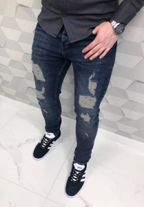 Modne męskie spodnie jeansowe denim z przetarciami 4645