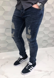 Modne męskie spodnie jeansowe denim z przetarciami 4645