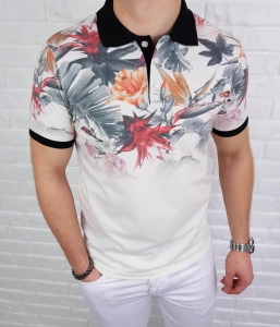 Kremowa koszulka męska polo w kolorowe kwiaty