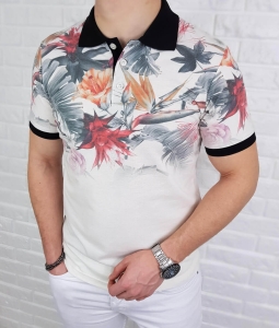 Kremowa koszulka męska polo w kolorowe kwiaty