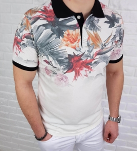 Kremowa koszulka męska polo w kolorowe kwiaty
