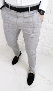 Szare eleganckie męskie spodnie slim fit w kratę 1475