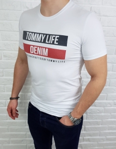 Biały męski T-shirt z napisami Tommy life denim