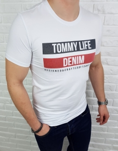 Biały męski T-shirt z napisami Tommy life denim