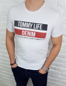 Biały męski T-shirt z napisami Tommy life denim