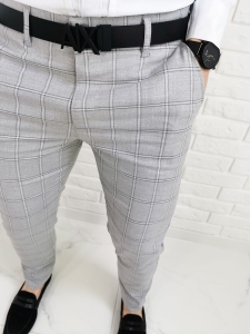 Szare eleganckie męskie spodnie slim fit w kratę 1475
