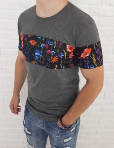 Szara koszulka męska w kolorowe kwiaty 19-Y3851