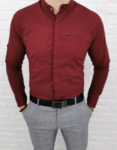 Bordowa koszula slim fit ze stójką kryta plisa 0325/56