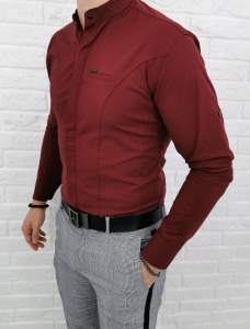 Bordowa koszula slim fit ze stójką kryta plisa 0325/56