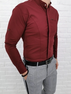 Bordowa koszula slim fit ze stójką kryta plisa 0325/56